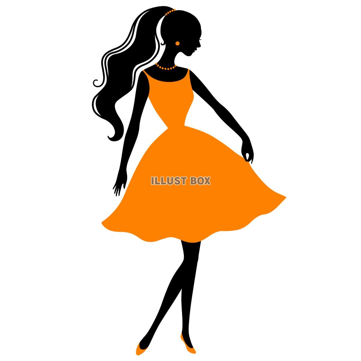 【女性ドレス　シルエット】１　オレンジ色　白背景jpeg