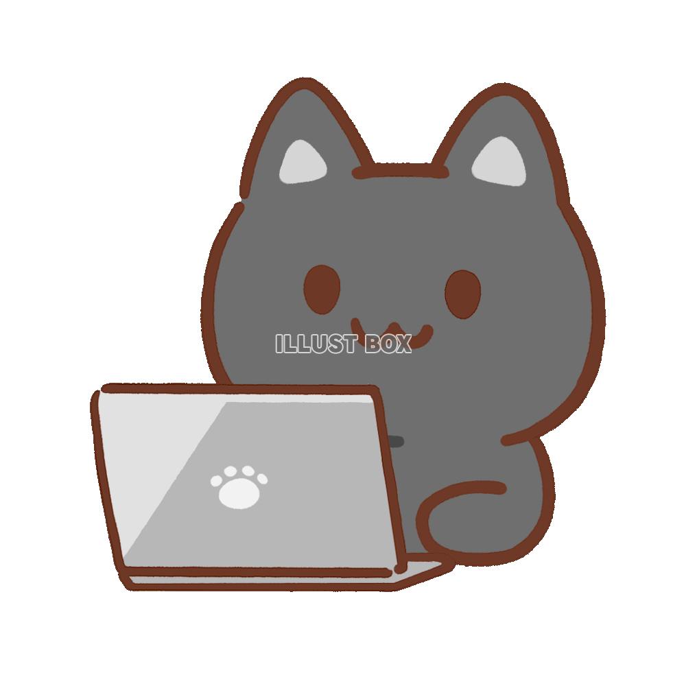 パソコンに向かう黒猫のイラスト