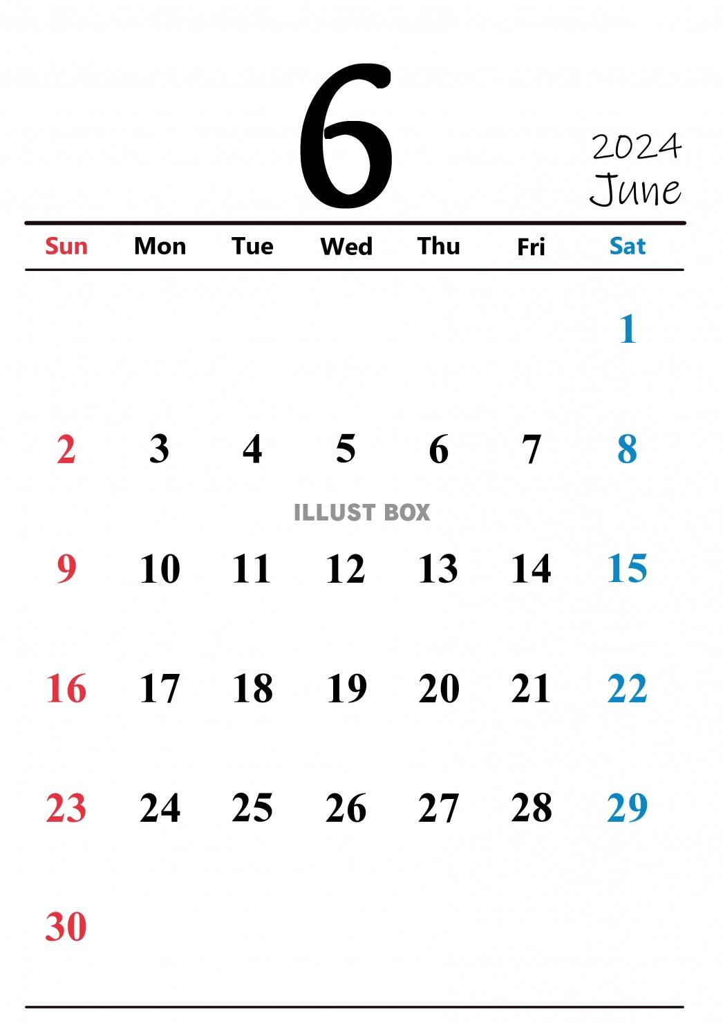 2024年（令和6年）6月　縦型カレンダー