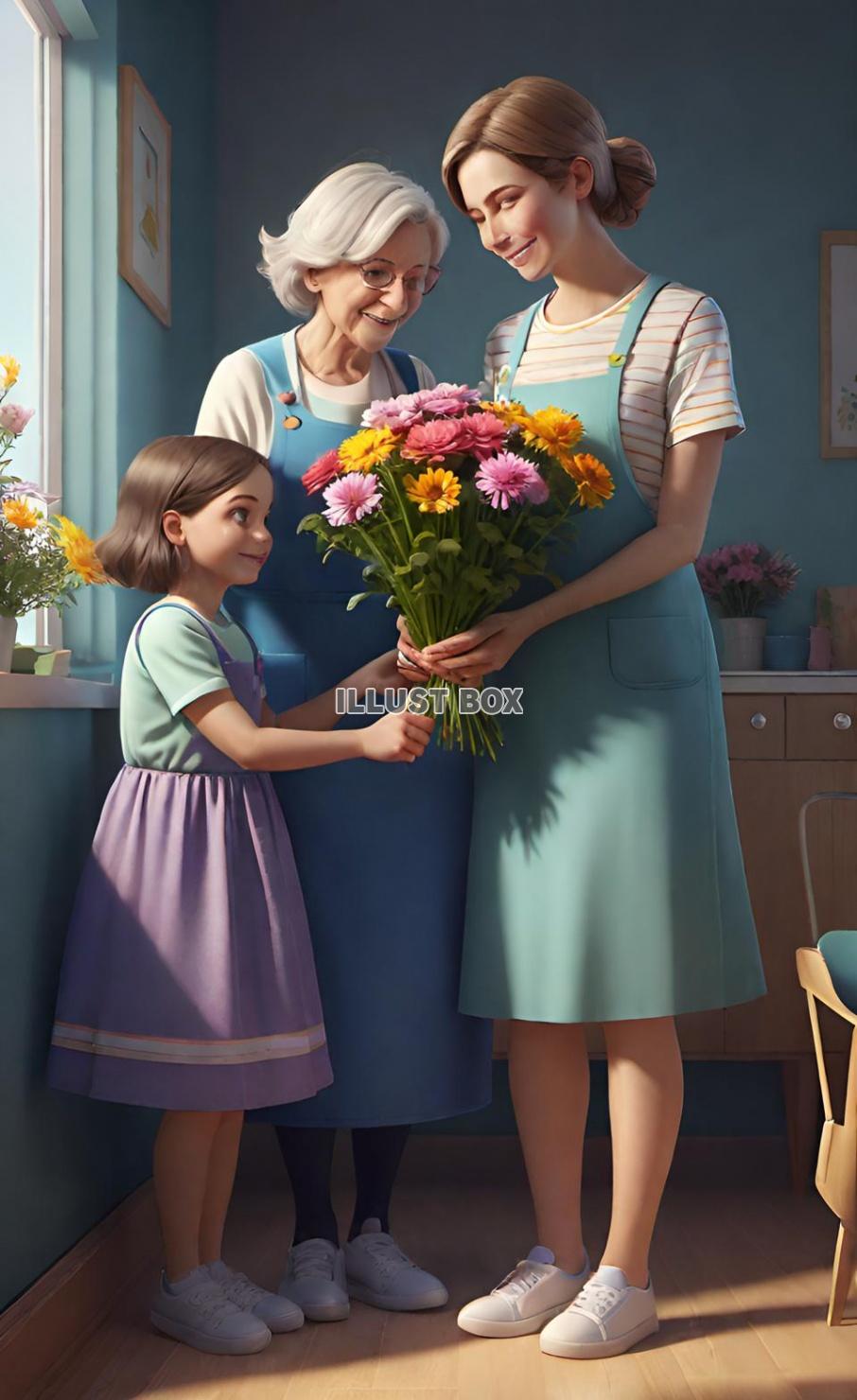 母の日　おばあちゃんの前で母親に花束をプレゼントする娘