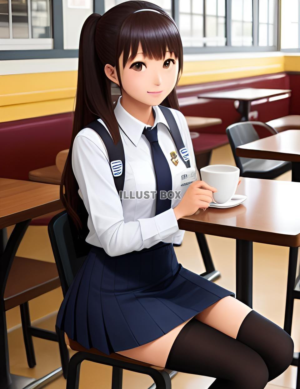 カフェで椅子に座る女子高生