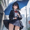 梅雨に傘をさして登下校する女子高生