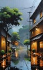 梅雨　雨の日の街　風景画
