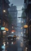 梅雨の日の街　風景画