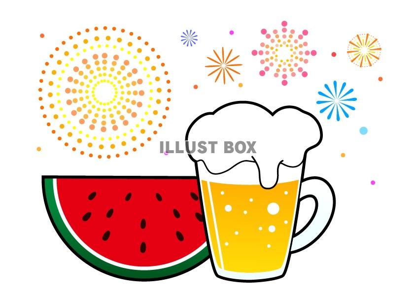 ビール・スイカ・花火のイラストカット