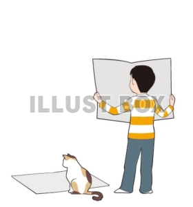 新聞を読む子供と猫