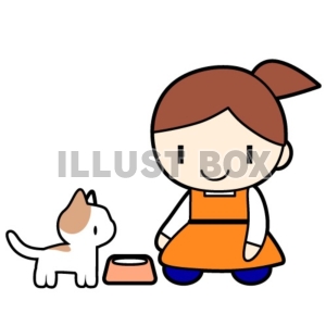 猫に餌をあげる女性のイラスト