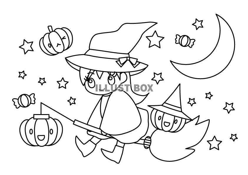 無料イラスト ハロウィン ほうきで空飛ぶ魔法使いの女の子塗り絵