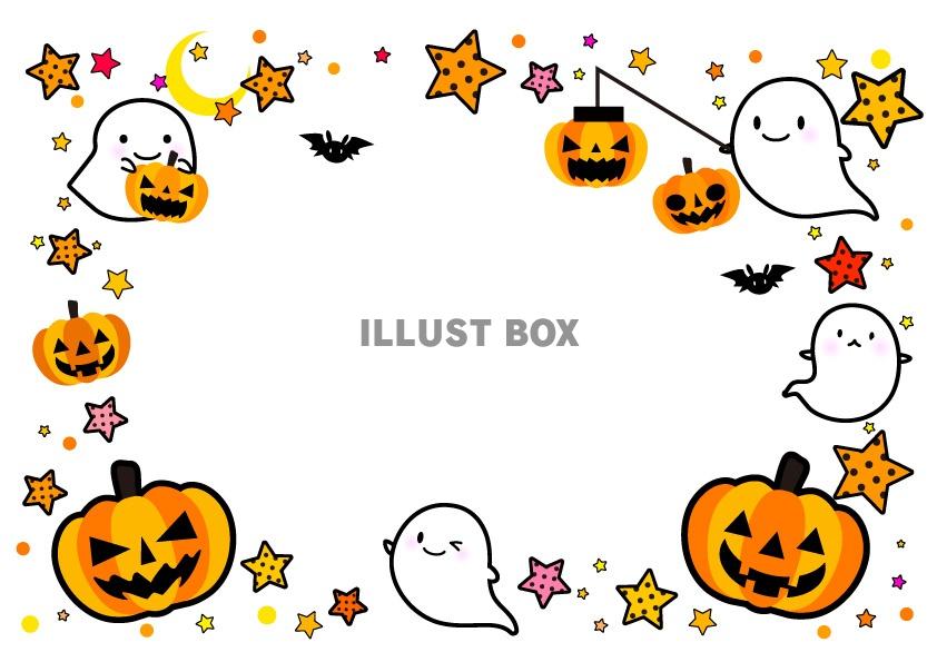 無料イラスト ハロウィン おばけとジャックランタンのにぎやかフレーム枠