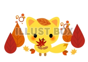秋の森・落ち葉とキツネのイラストカット