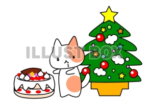 クリスマスケーキとよだれをたらした猫ちゃんイラストカット