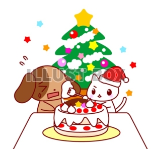 無料イラスト 犬と猫とクリスマスケーキ