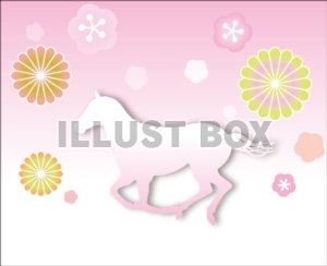 年賀状　馬のシルエットと菊と梅の花