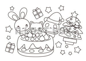 無料イラスト クリスマスぬりえ ケーキとうさぎ 猫 パンダ