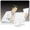 【ワンポイントイラスト】パソコンに向かって残業する白衣の男性