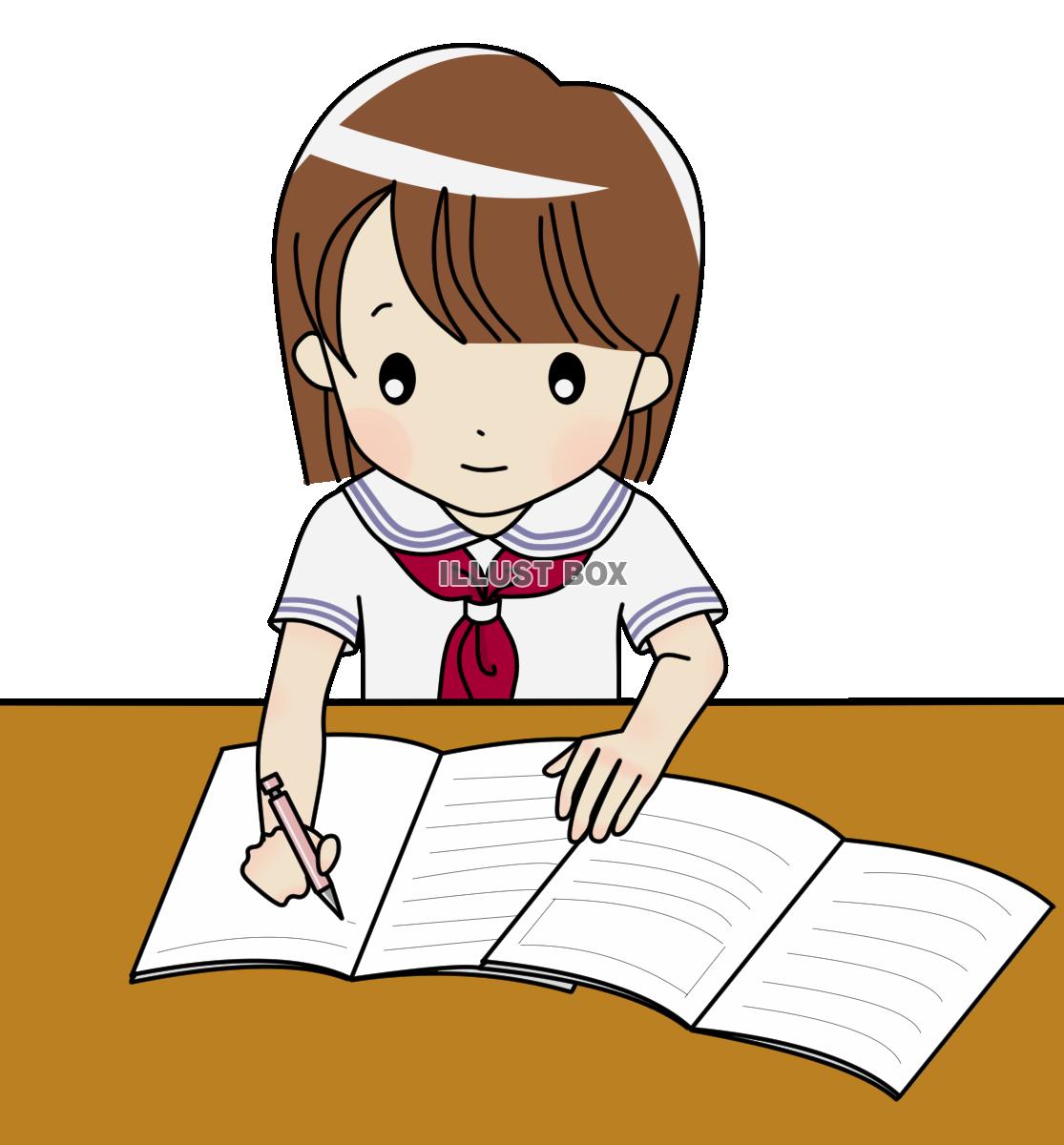 無料イラスト 透過ｐｎｇ 勉強する中学生 夏服