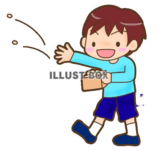 節分・豆まきをしている男の子のイラスト【透過PNG】