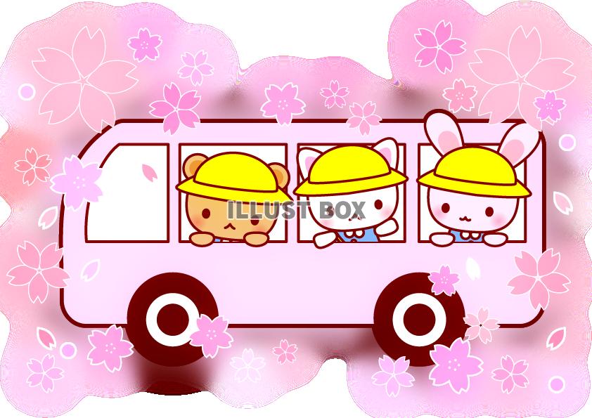 桜とバスと動物たちのイラスト【透過PNG】