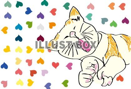 あくびをしている可愛い猫とハートのイラスト