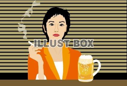 一人居酒屋の女性とたばこと生ビール