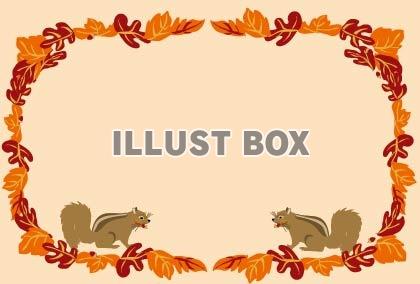 無料イラスト 可愛い動物 リスと秋の落ち葉のフレーム枠