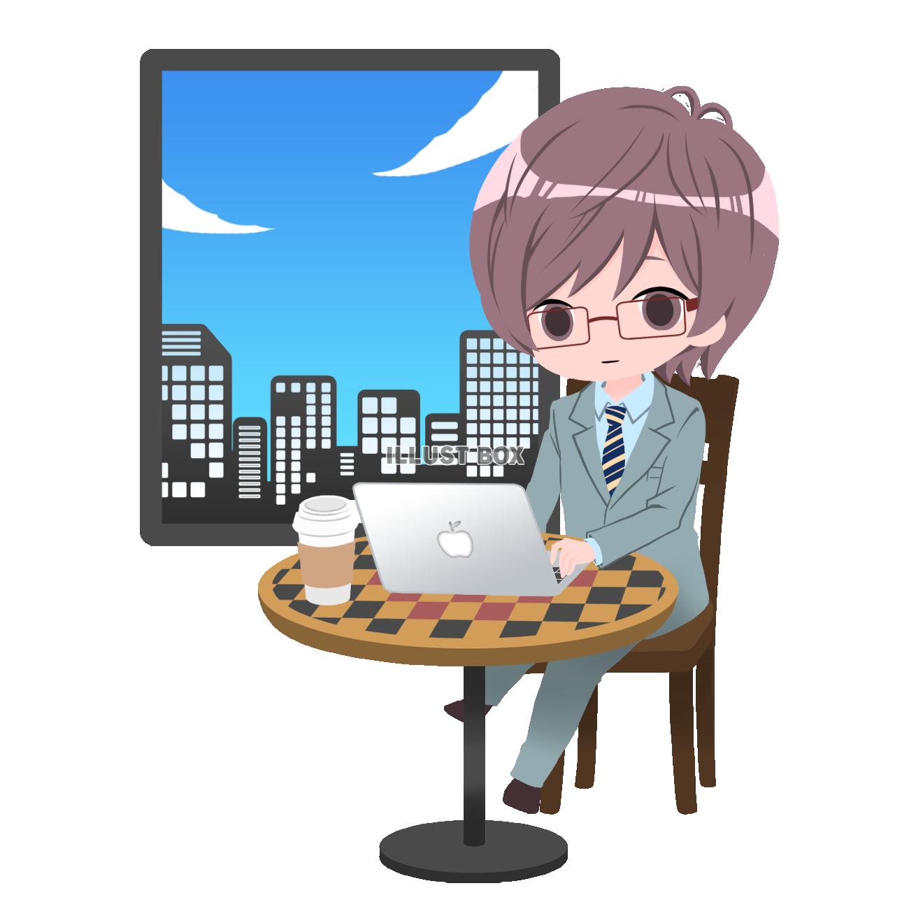 無料イラスト カフェで仕事をする男性イラスト