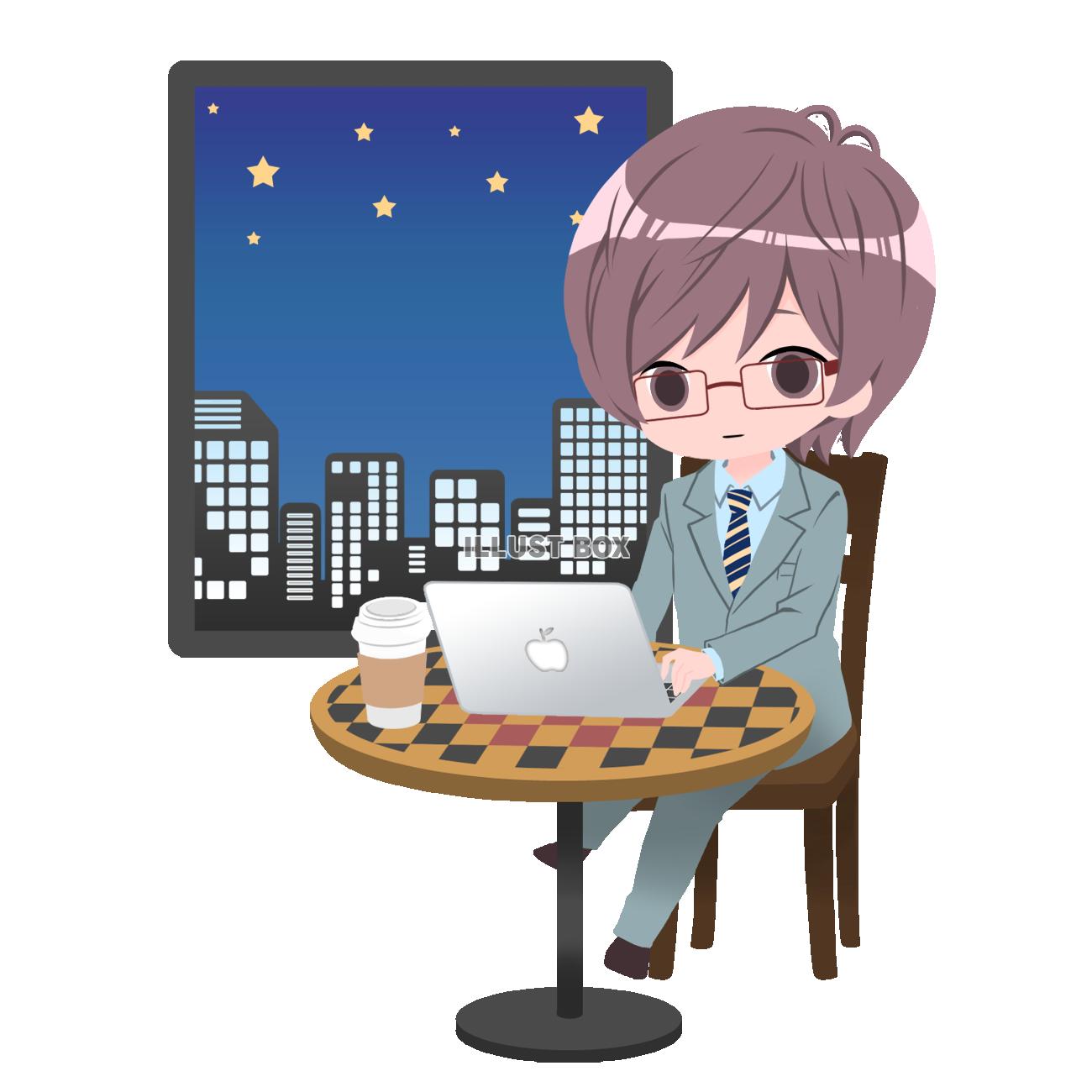 カフェで仕事をする男性イラスト（夜）