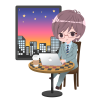 カフェで仕事をする男性イラスト（夕方）