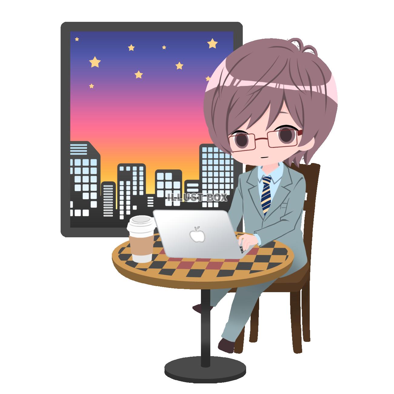 カフェで仕事をする男性イラスト（夕方）