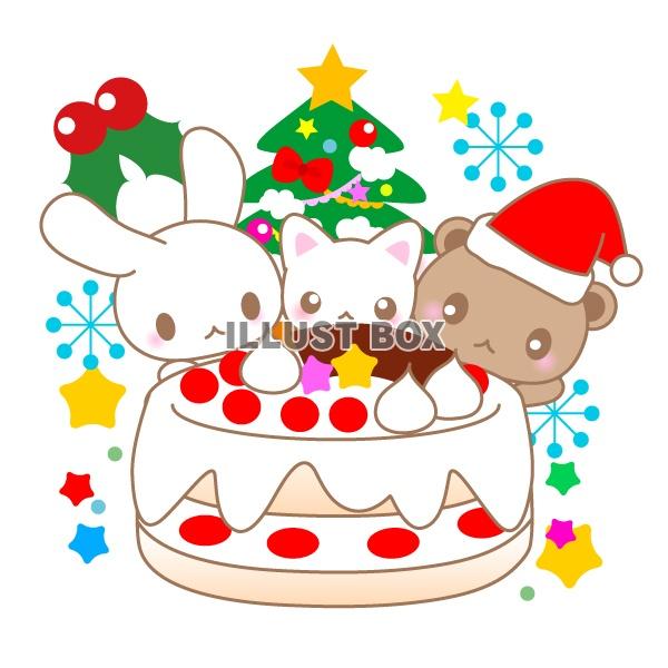 クリスマスケーキとうさぎ・猫・サンタくまのイラスト