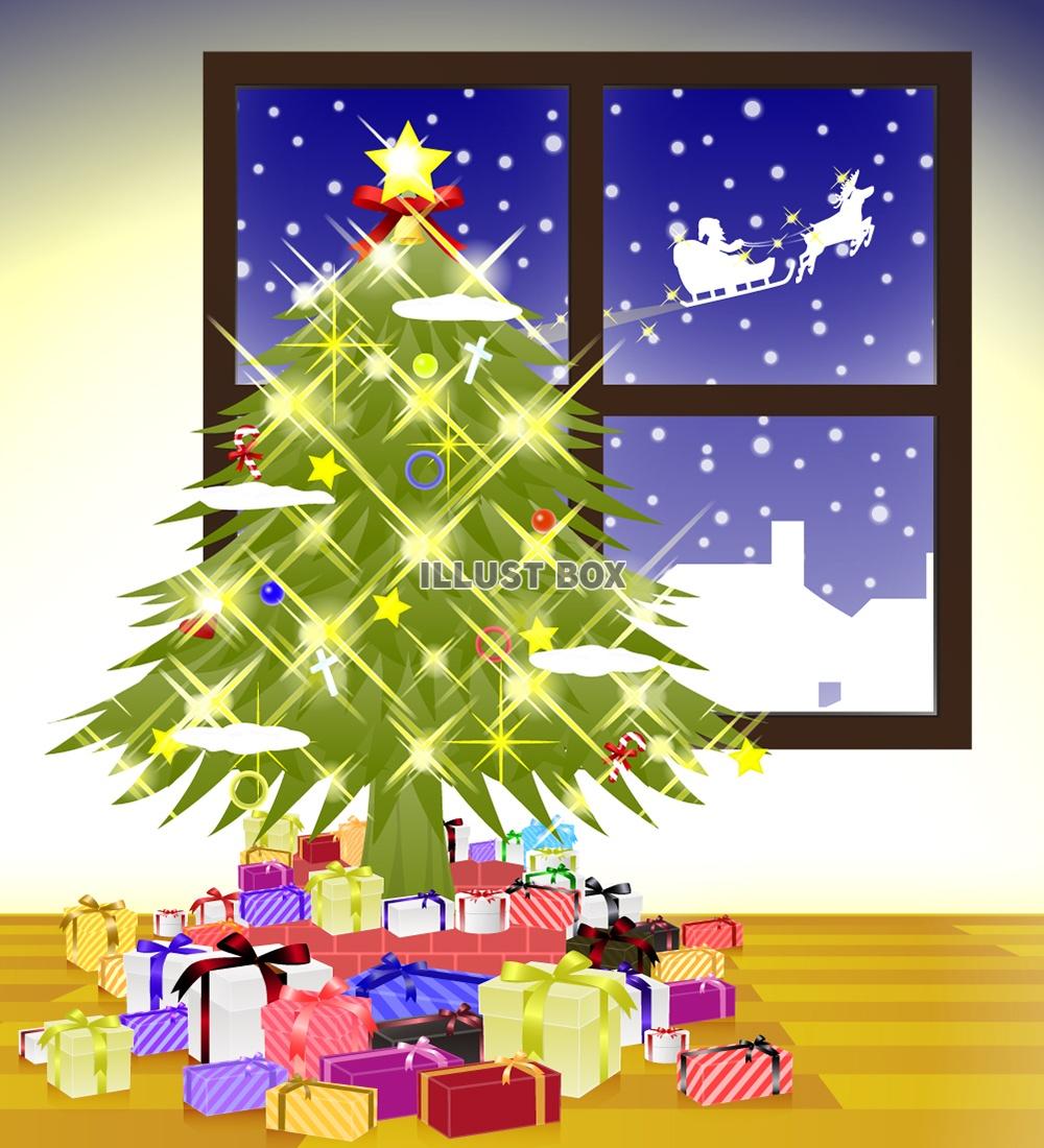 無料イラスト きらきらクリスマスツリーと窓の外のサンタクロース