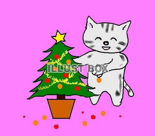 ねこまるクリスマスツリーを飾る【透過】PNG