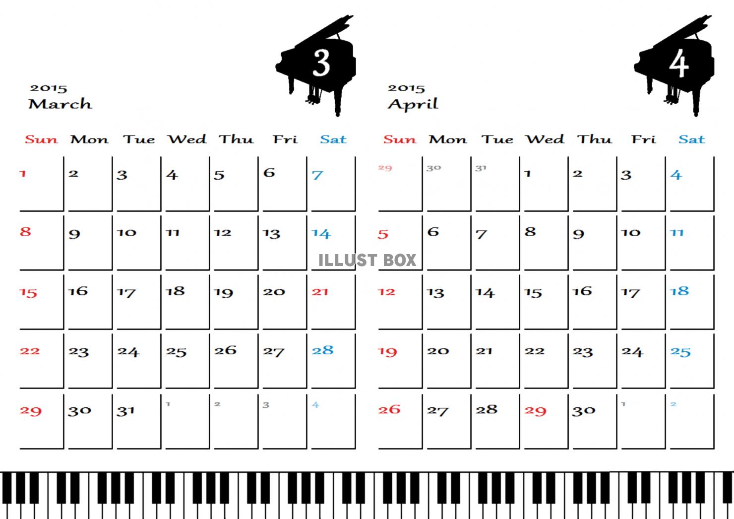 無料イラスト ピアノカレンダー 15年3 4月分