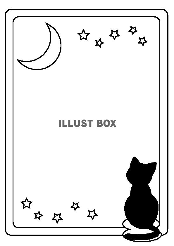 無料イラスト 黒猫と月のフレーム モノクロ