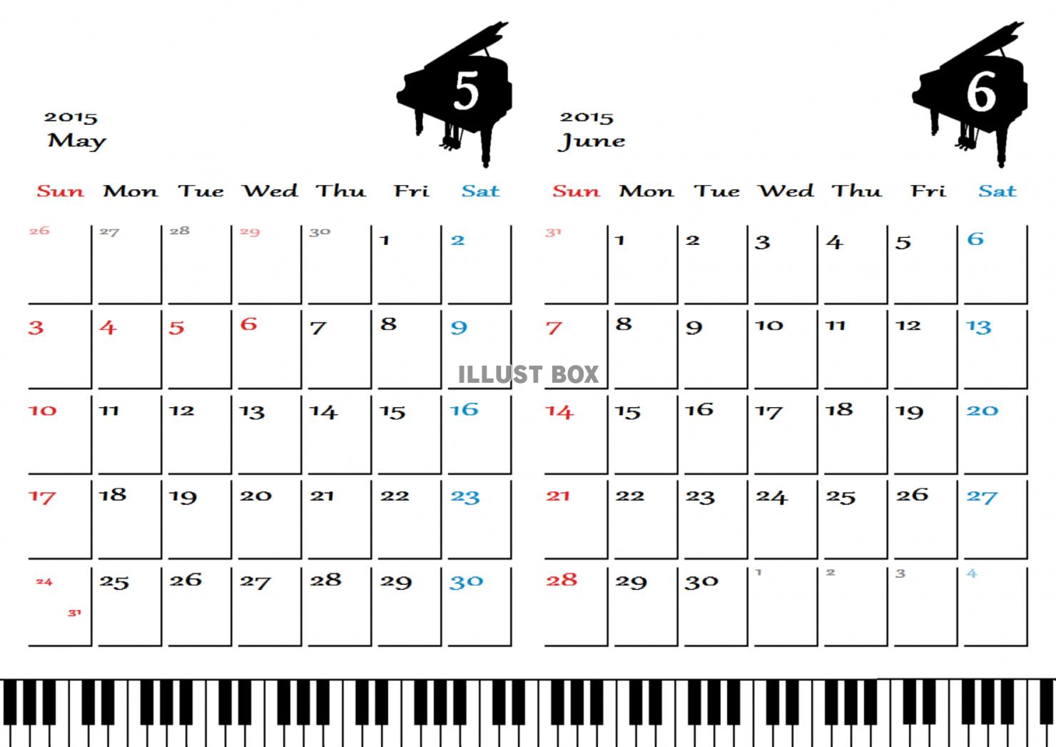 無料イラスト ピアノカレンダー 15年5 6月分