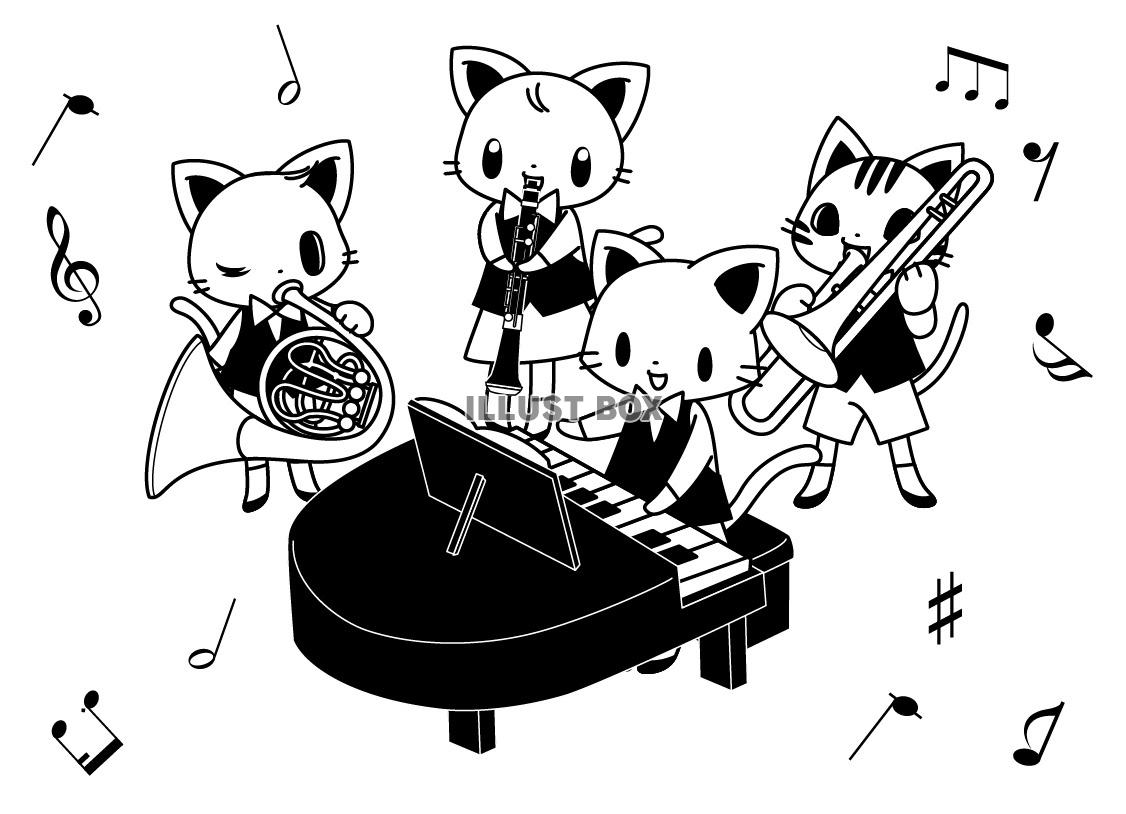 無料イラスト 猫さんたちの音楽会 白黒版