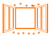 窓と四葉のクローバーと小鳥のフレーム　透過png