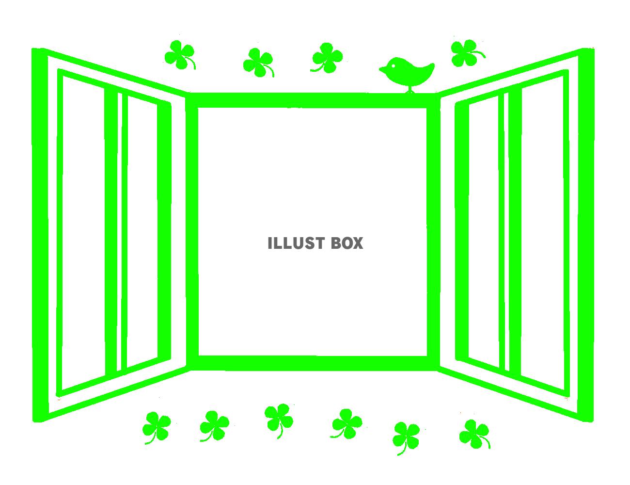 窓と四葉のクローバーと小鳥のフレーム　３　透過png