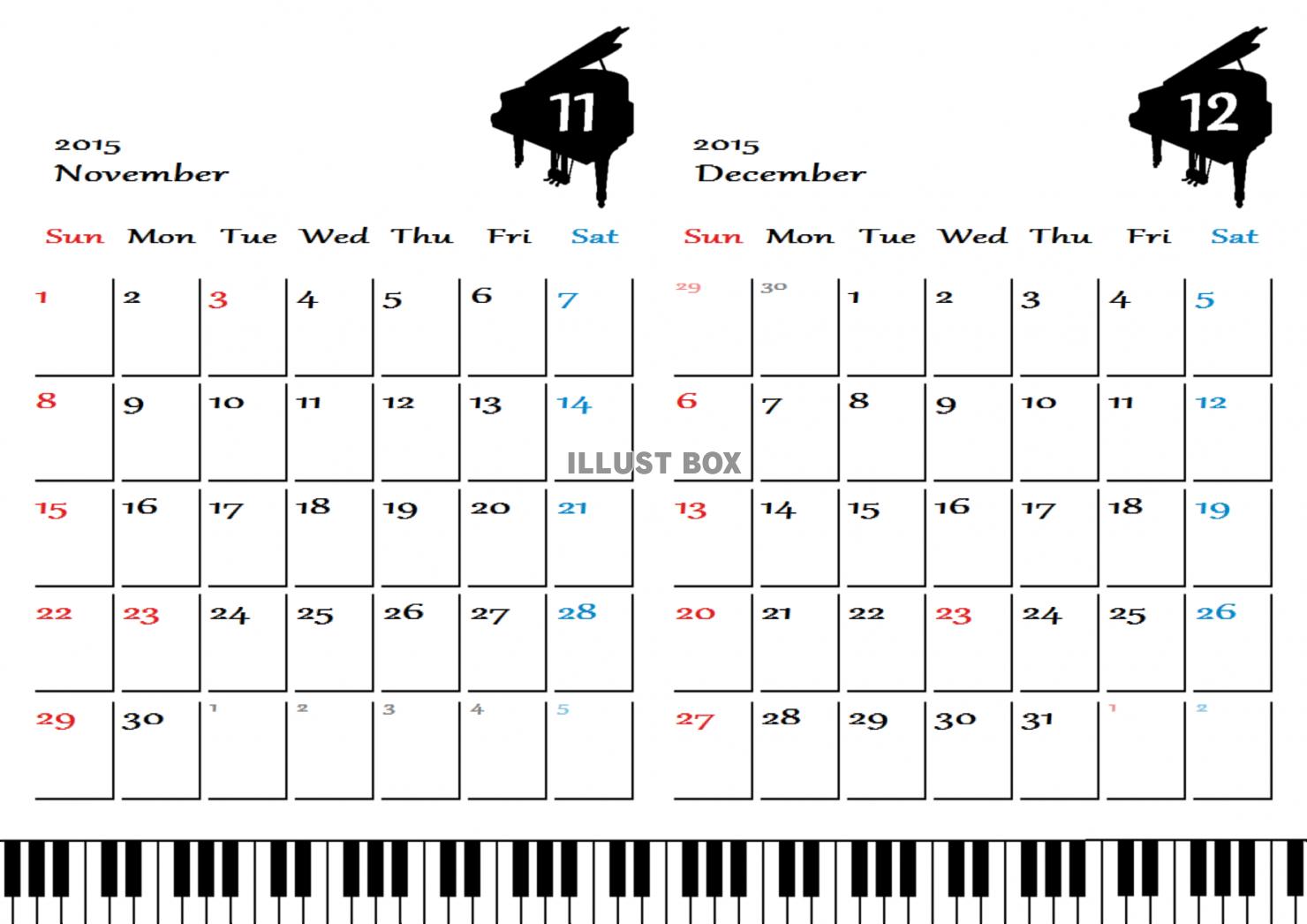 無料イラスト ピアノカレンダー 15年11 12月分