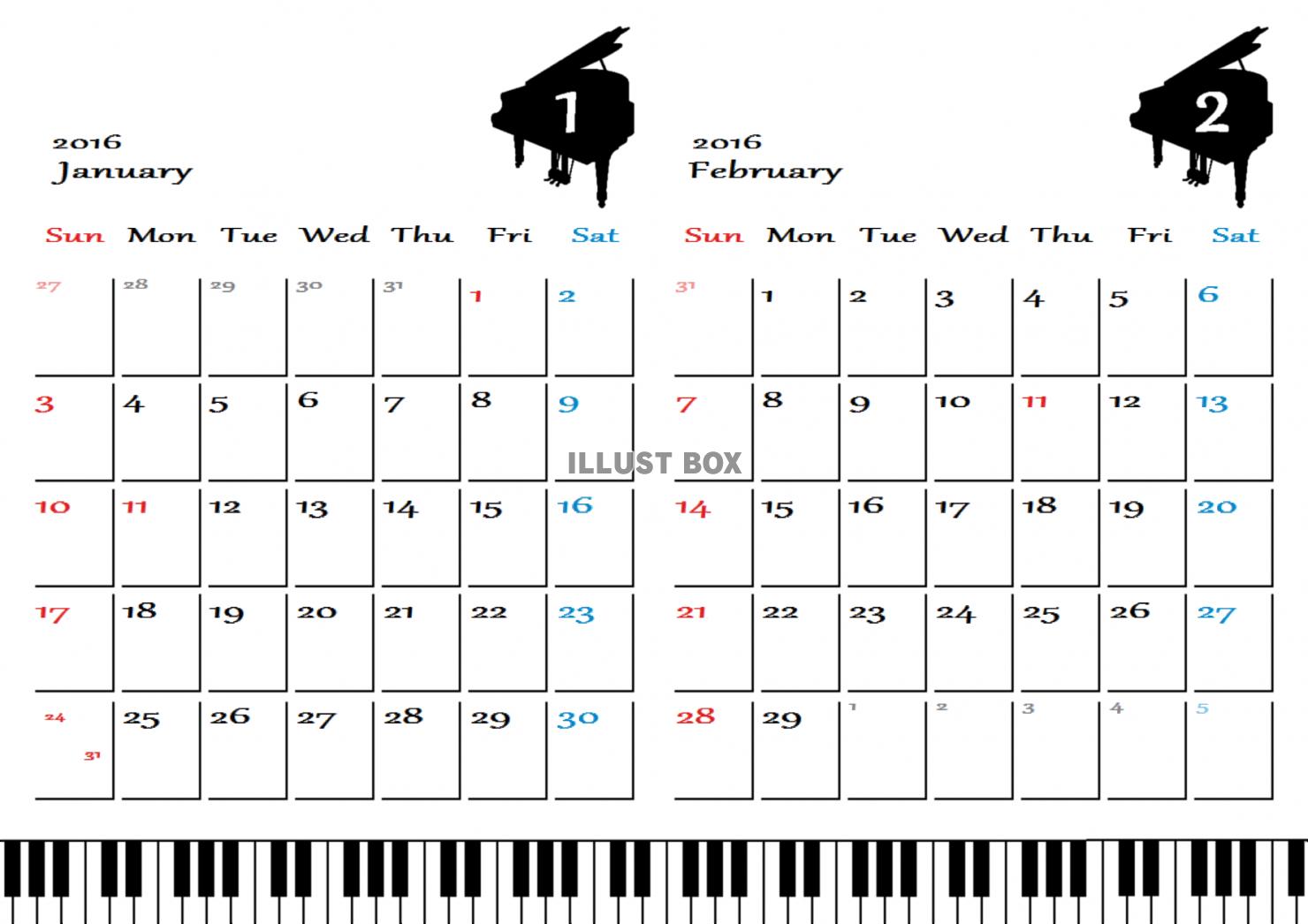 無料イラスト ピアノカレンダー 2016年1 2月分