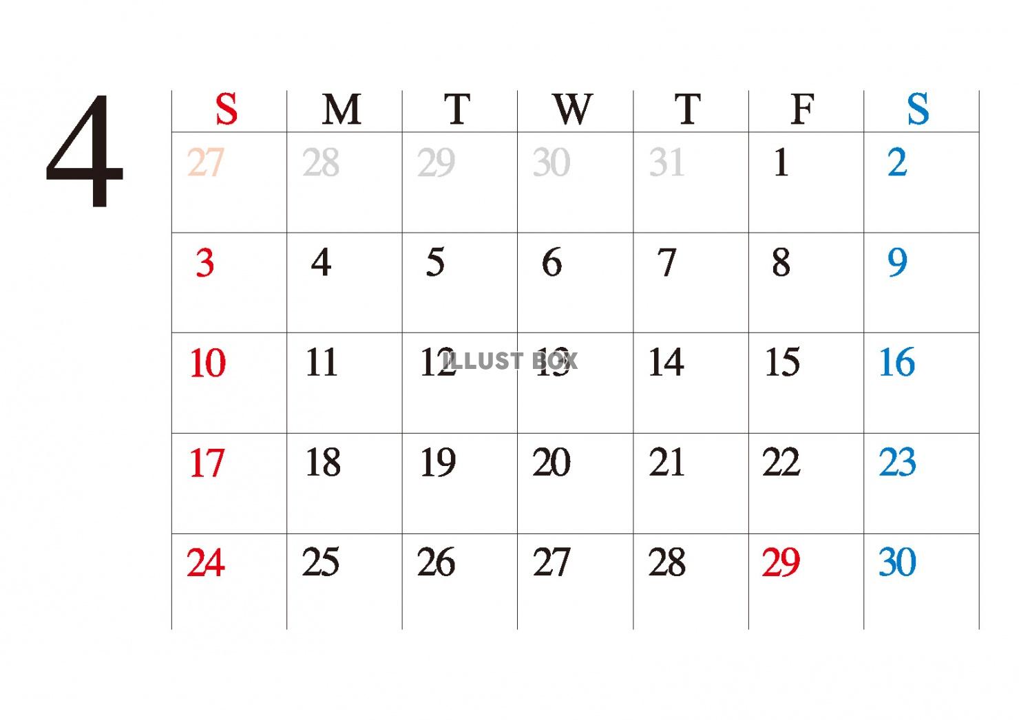 【カレンダー】シンプル　ビジネス向け　カレンダー　　4月　
