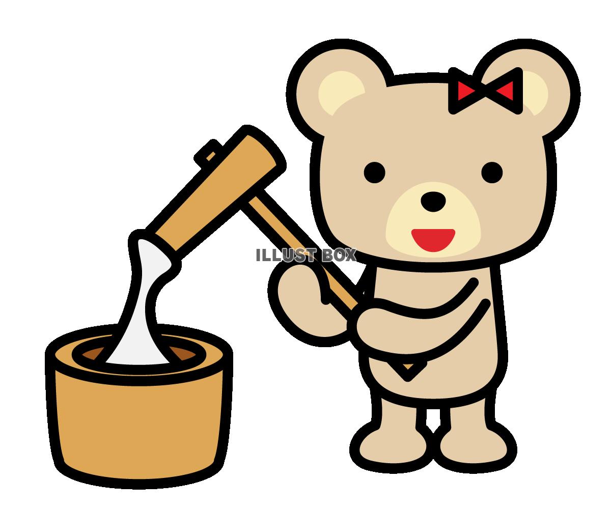 餅つきをしているクマ2　(透過PNG)