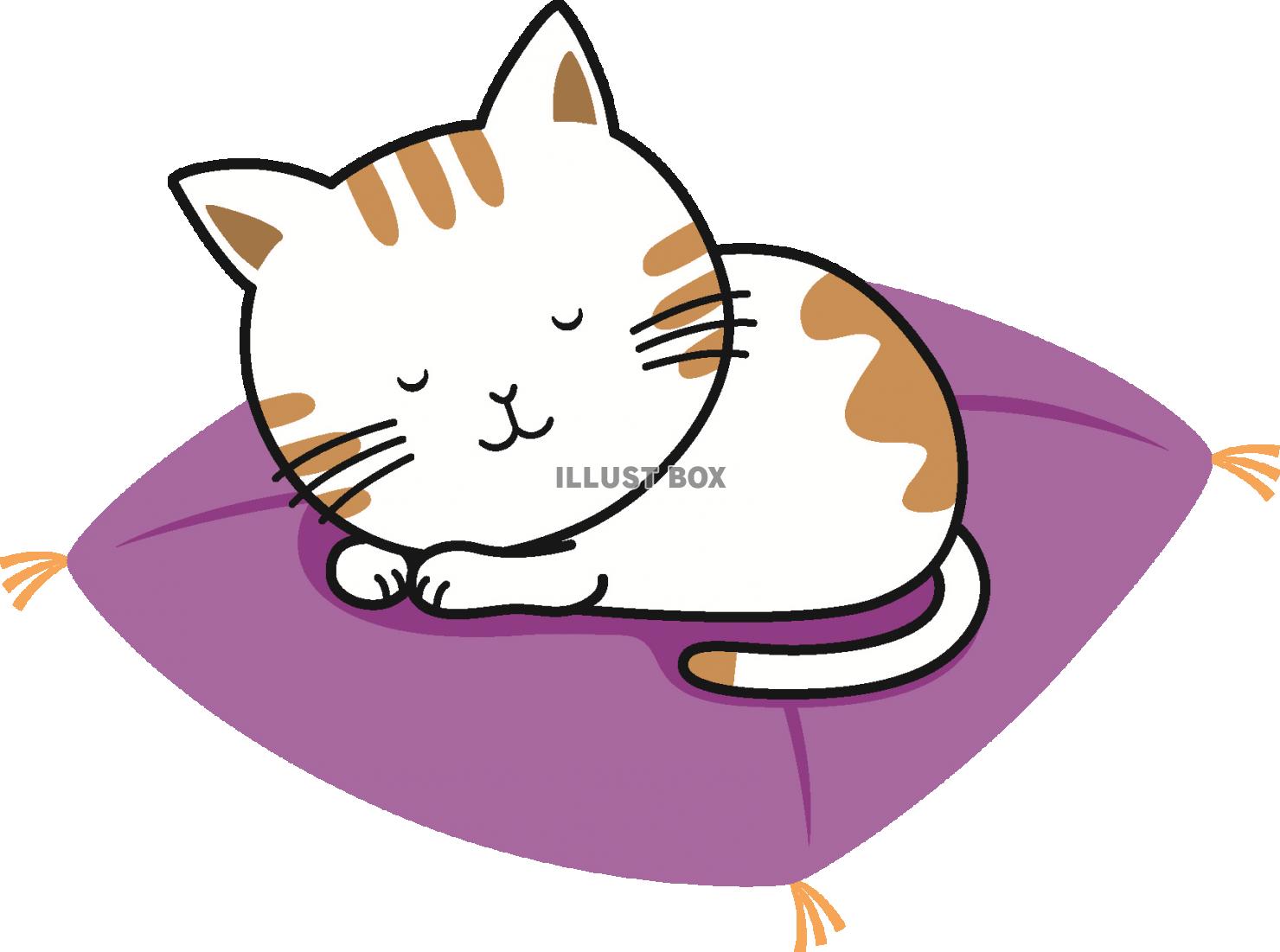 座布団の上で寝るネコ：イラスト無料