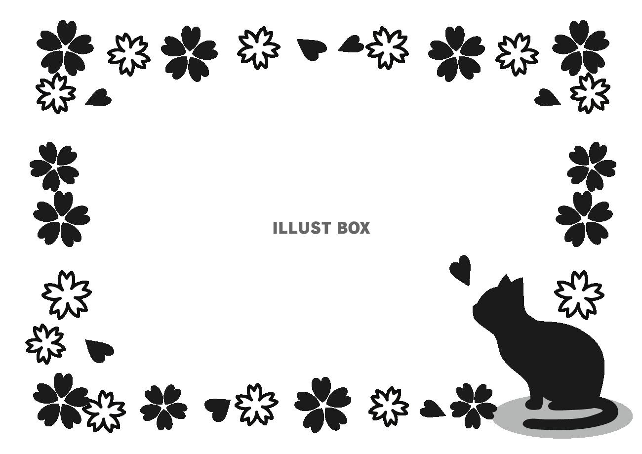 無料イラスト 猫と桜のフレーム モノクロ