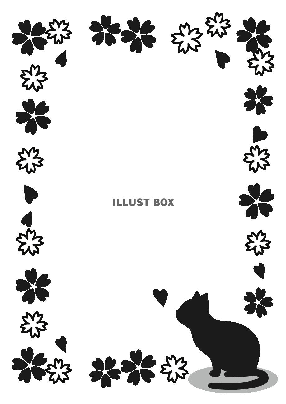 無料イラスト 猫と桜のフレーム モノクロ 縦