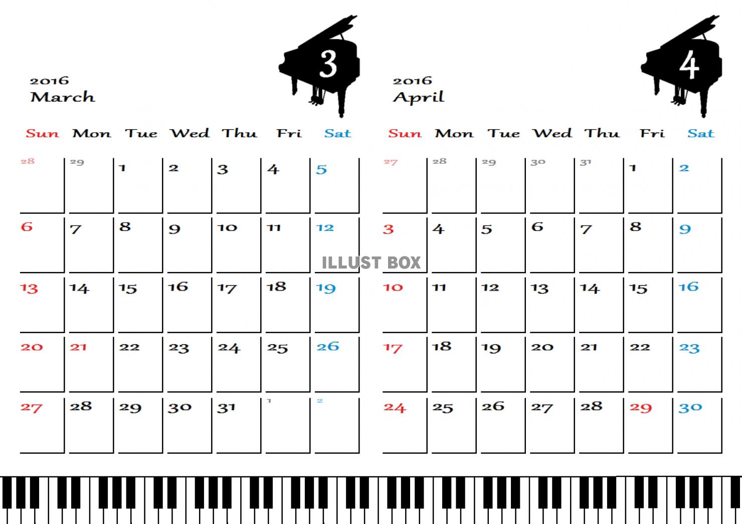 カレンダー 素材 ピアノ イラスト無料