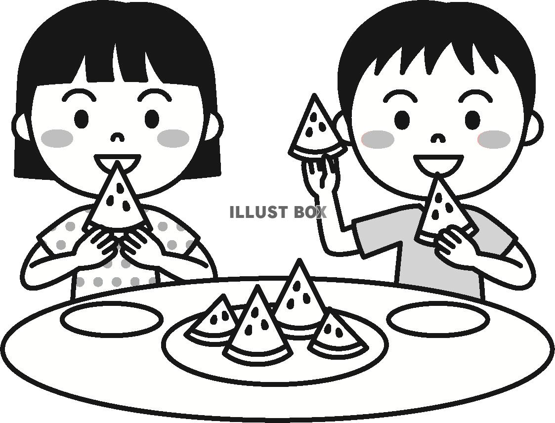 無料イラスト 夏の子供 スイカを食べる モノクロ