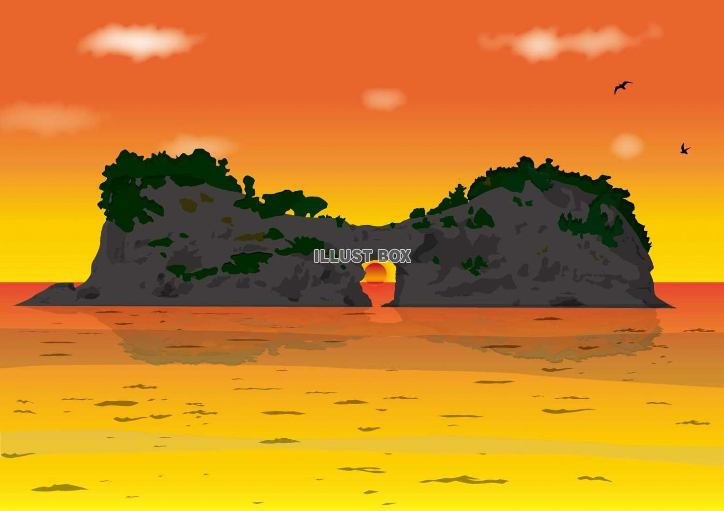 円月島と夕陽（南紀白浜）