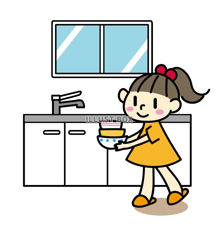 無料イラスト 食器を片付ける女の子