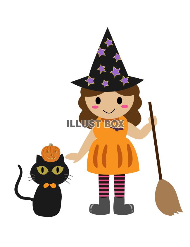 無料イラスト ハロウィンの女の子と猫の